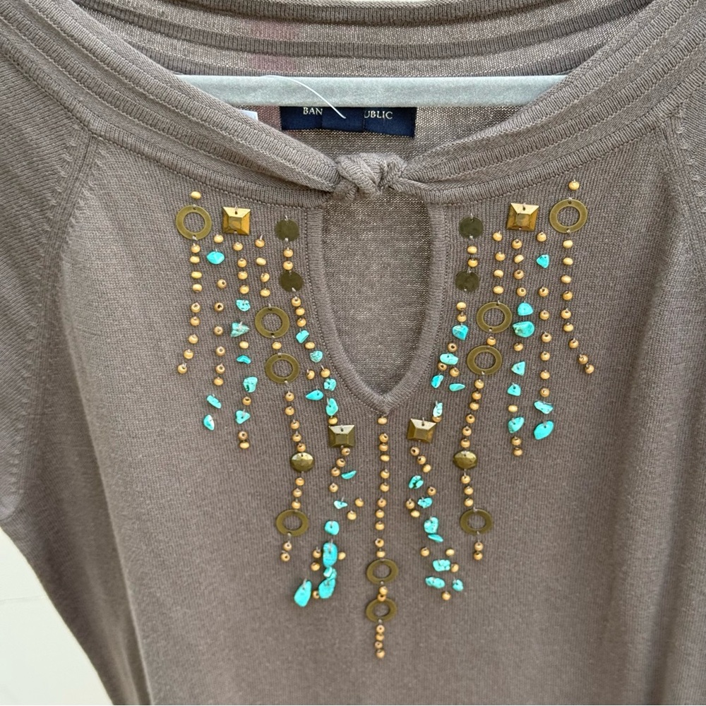 Banana Republic Taupe Dress with Gold and Turquoise Accents